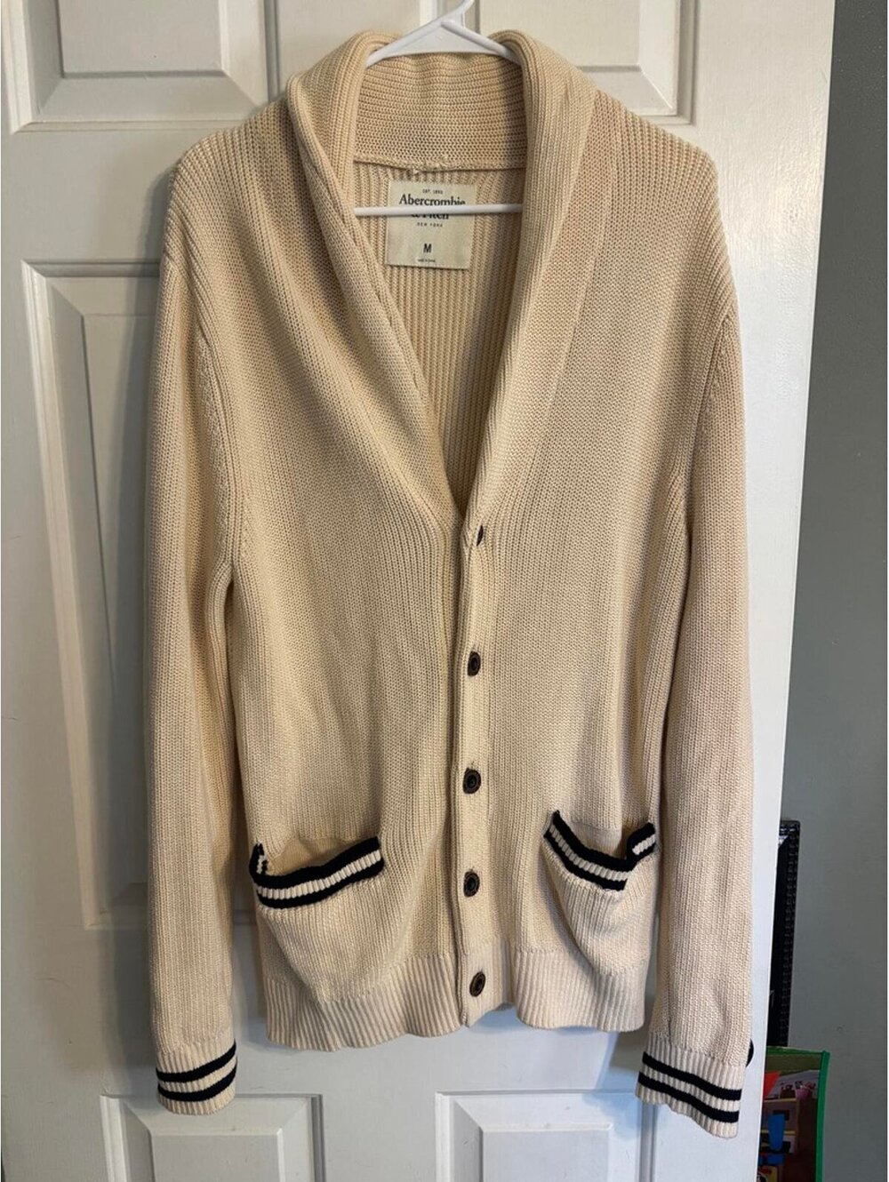Abercrombie & Fitch Long Collared Cardigan with Front Pockets & Accent Stripes